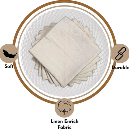 Set of six natural cloth dinner napkins on a table