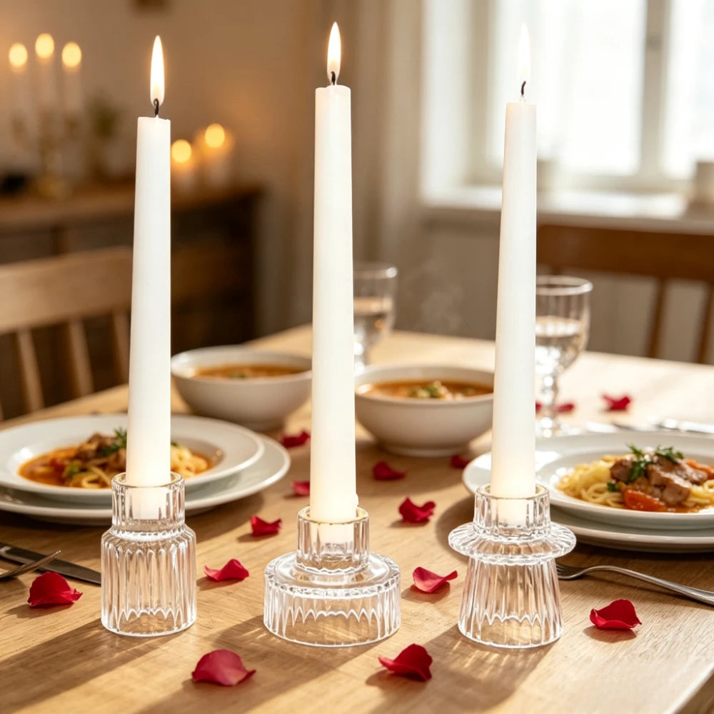 Set of three ribbed glass taper candle holders