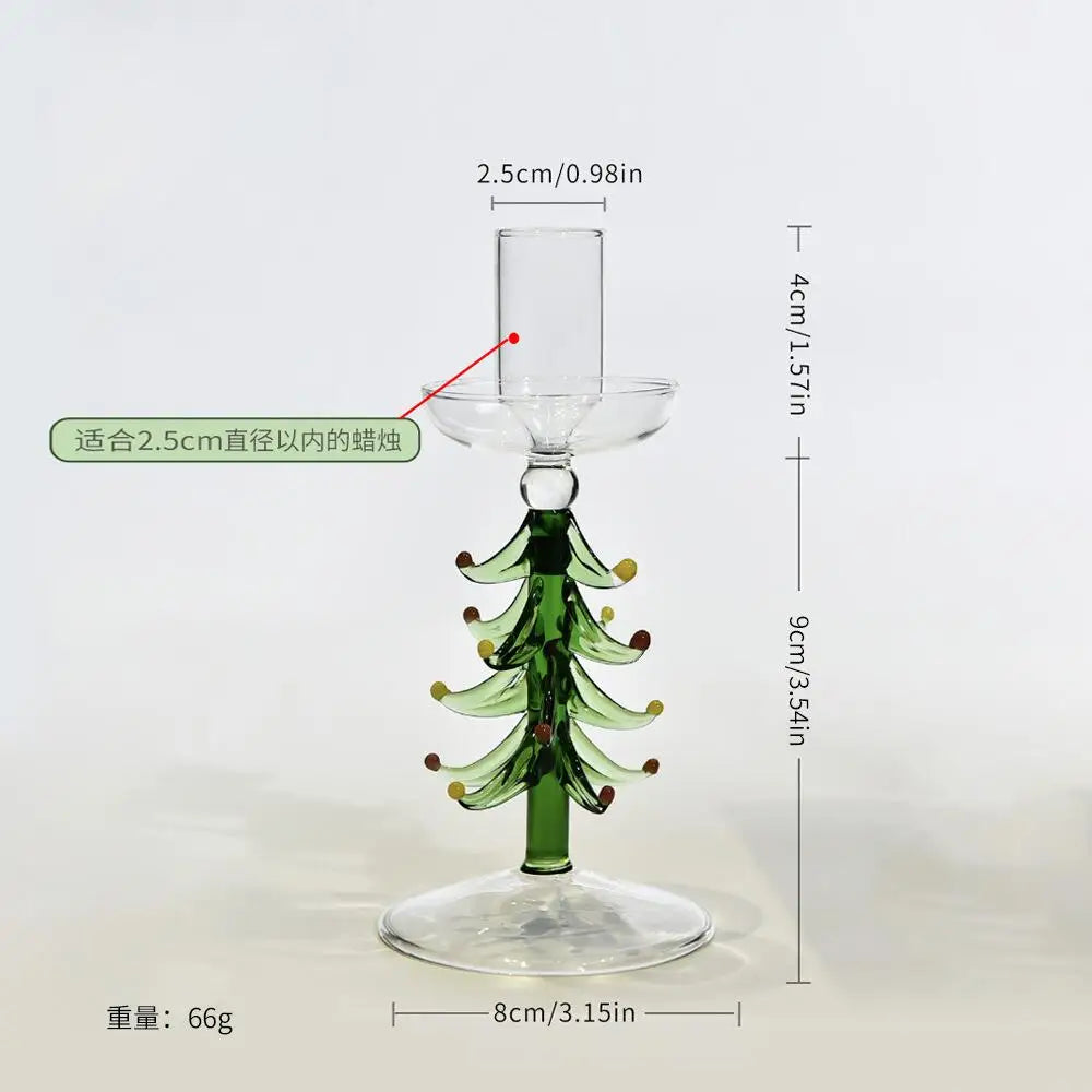 Glass Christmas tree candle holder on a festive table