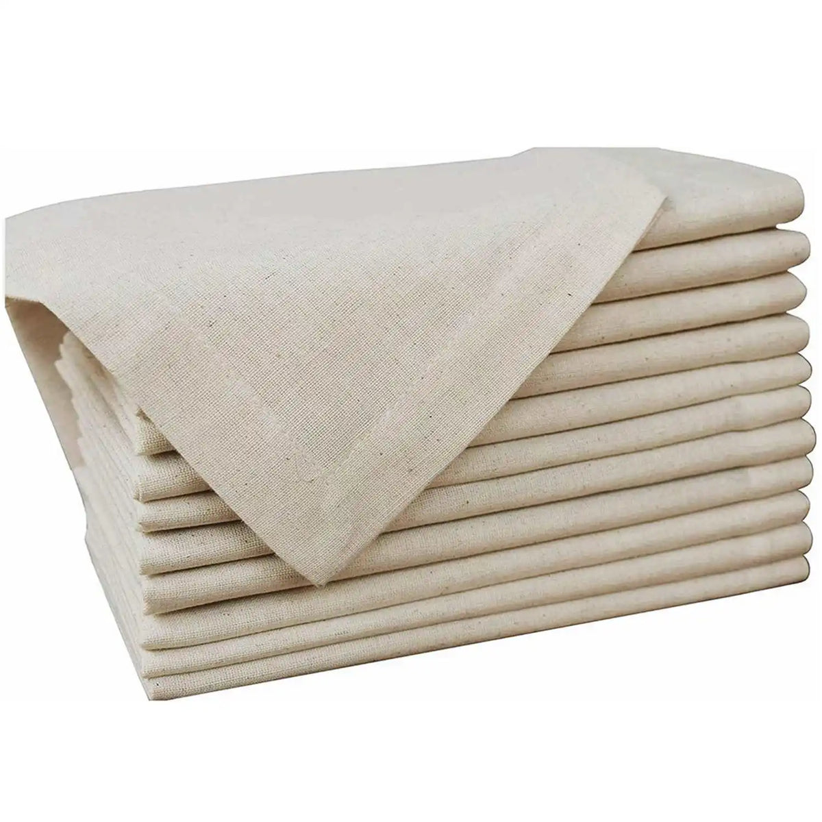Set of six natural cloth dinner napkins on a table