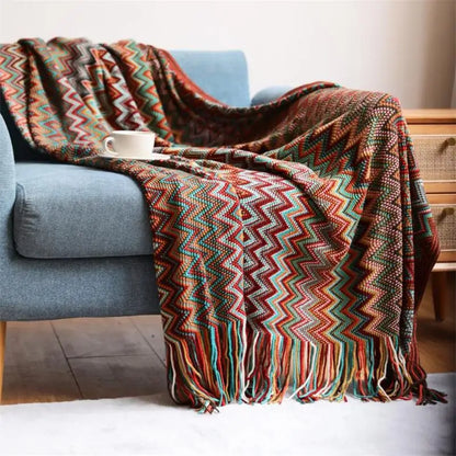 Hand-knitted boho tassel throw blanket