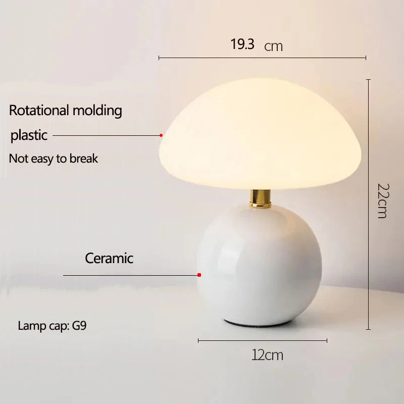 Cream mushroom table lamp on a bedside table