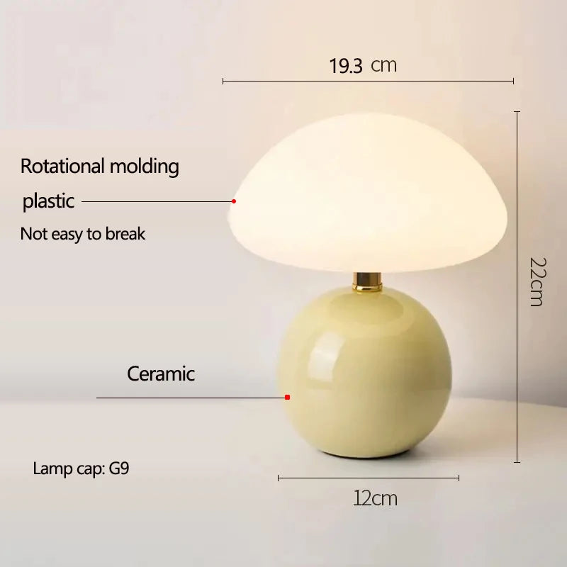 Cream mushroom table lamp on a bedside table