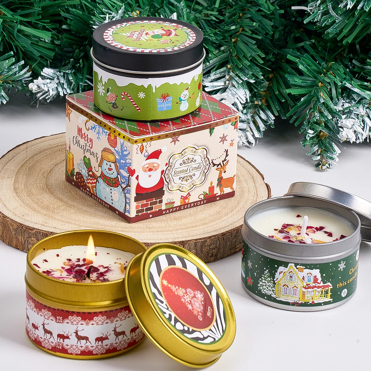 Christmas scented soy candle jars with dried flowers