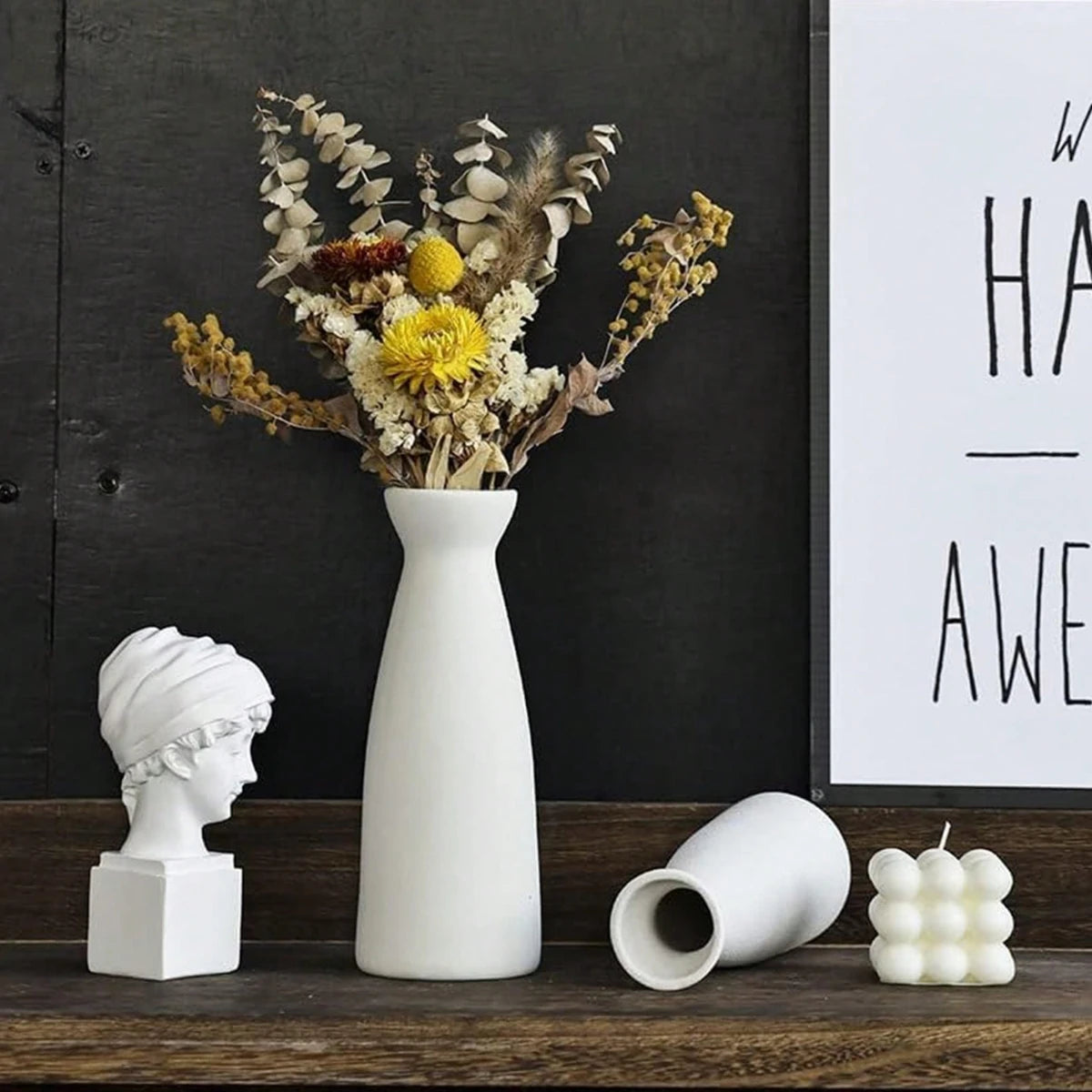 Bohemian ceramic vase set of three on a shelf