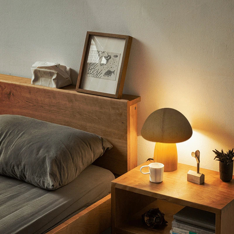 Wooden mushroom night light in walnut and beech