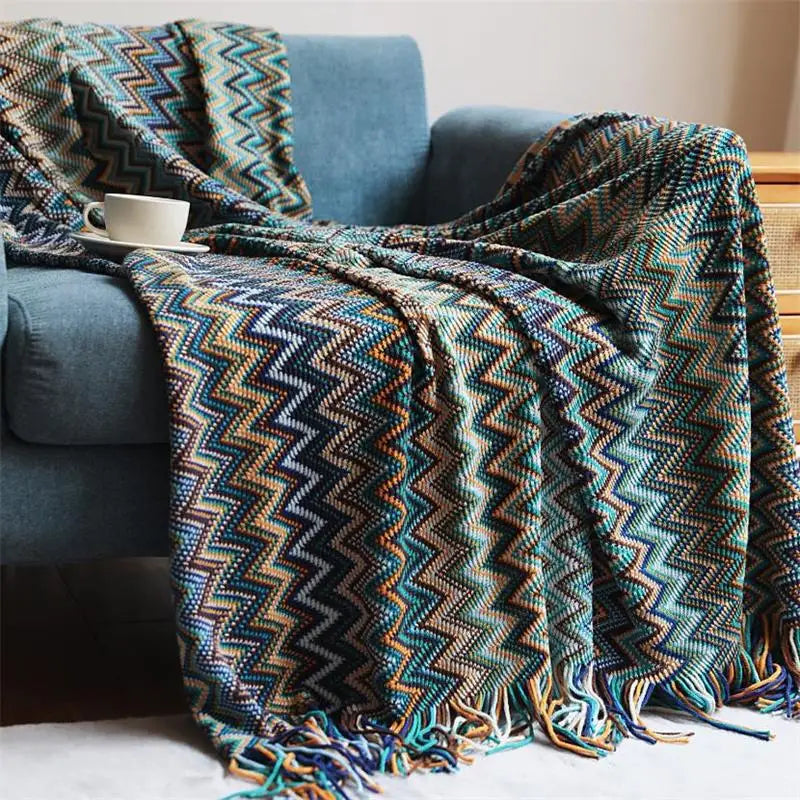 Hand-knitted boho tassel throw blanket