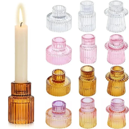 Set of three ribbed glass taper candle holders