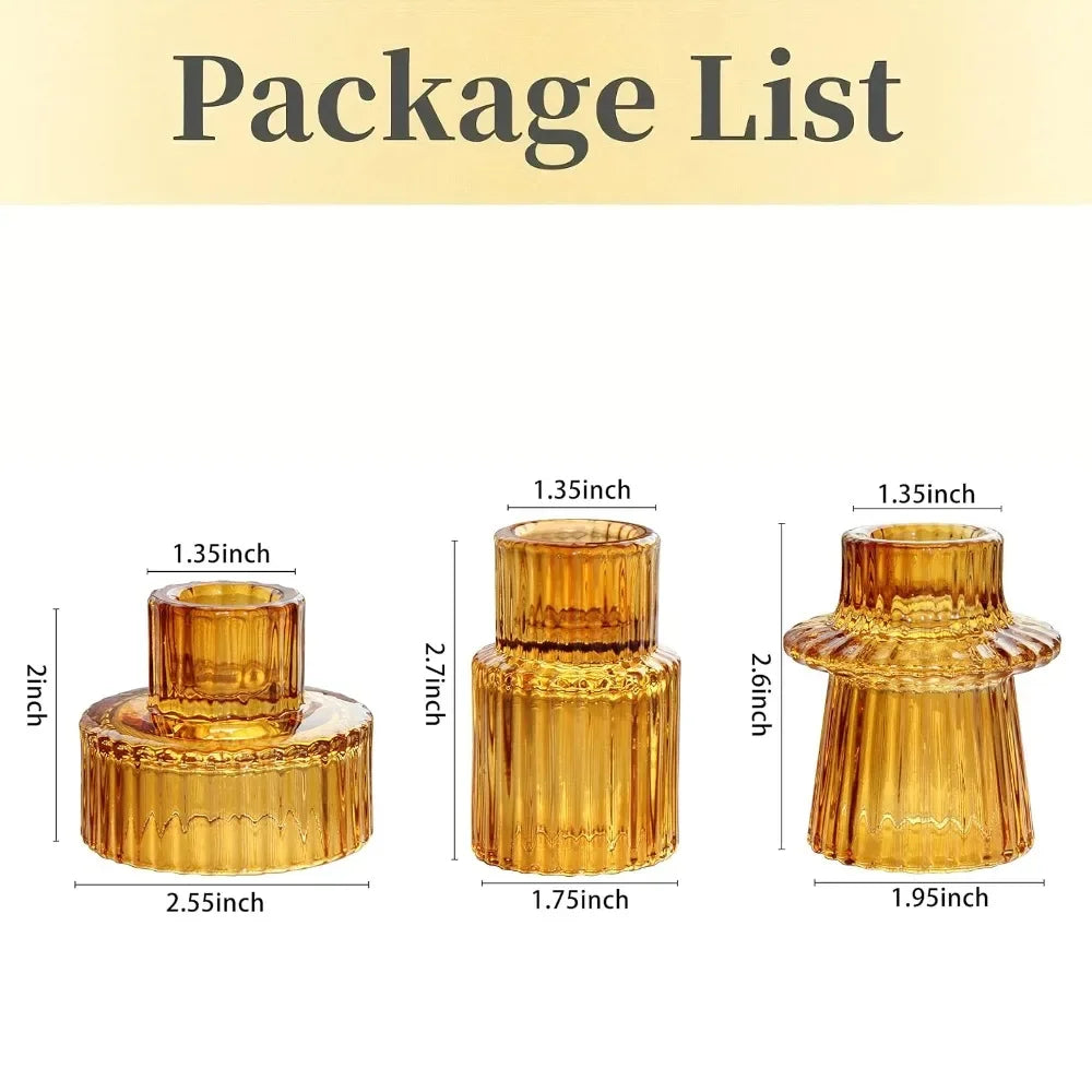 Set of three ribbed glass taper candle holders