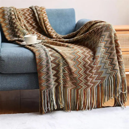 Hand-knitted boho tassel throw blanket