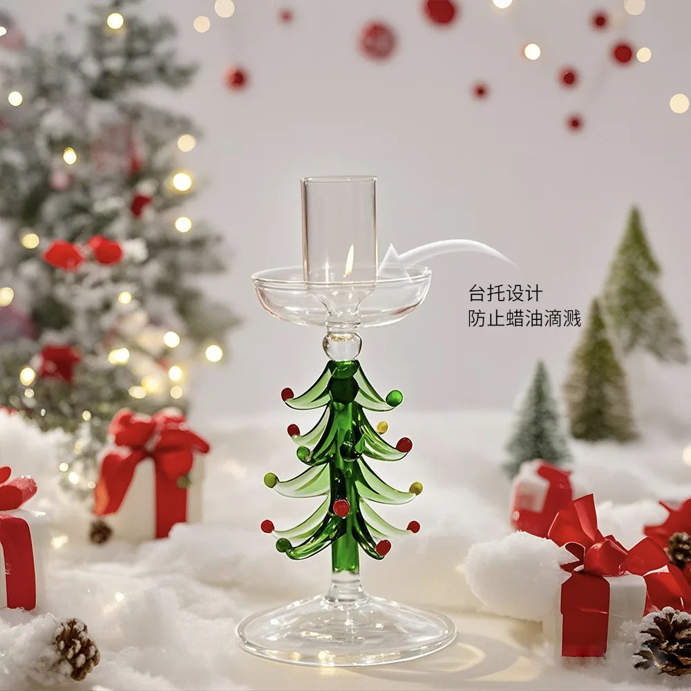 Glass Christmas tree candle holder on a festive table