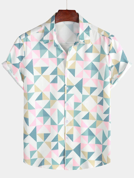 Men's Casual Art Triangle Geometric Print Summer Short Sleeve Beach Shirt - Grace & Ashes