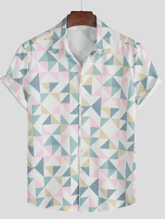 Men's Casual Art Triangle Geometric Print Summer Short Sleeve Beach Shirt
