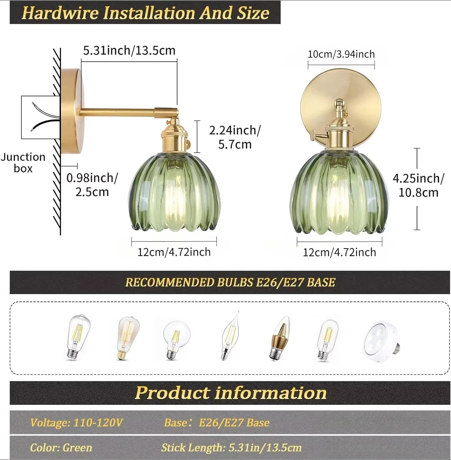 Vintage Green Tulip Glass Wall Lamp - Grace & Ashes